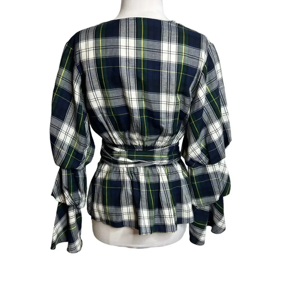 Petersyn Plaid Dexter Top Sz M navy green white puff sleeve